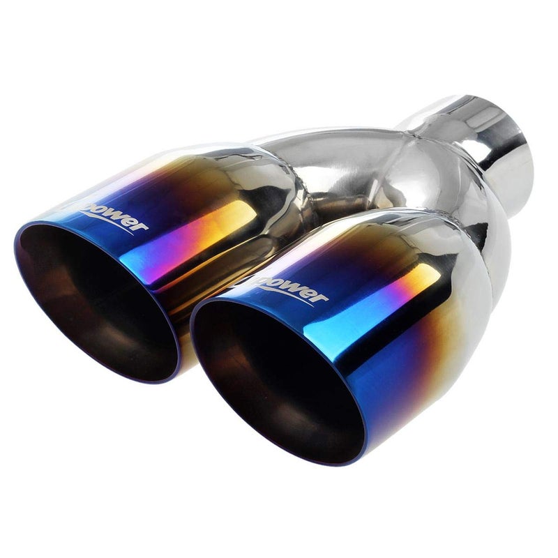 Upower Dual Exhaust Tips 2.5" Inch Inlet 3.5" Outlet 9.5" Length Vacuum Plating Blue Polished 304 Stainless Steel 1.2mm Thickness Double Wall Slant 2.5" to 3.5" Exhaust Tailpipe - Image 1